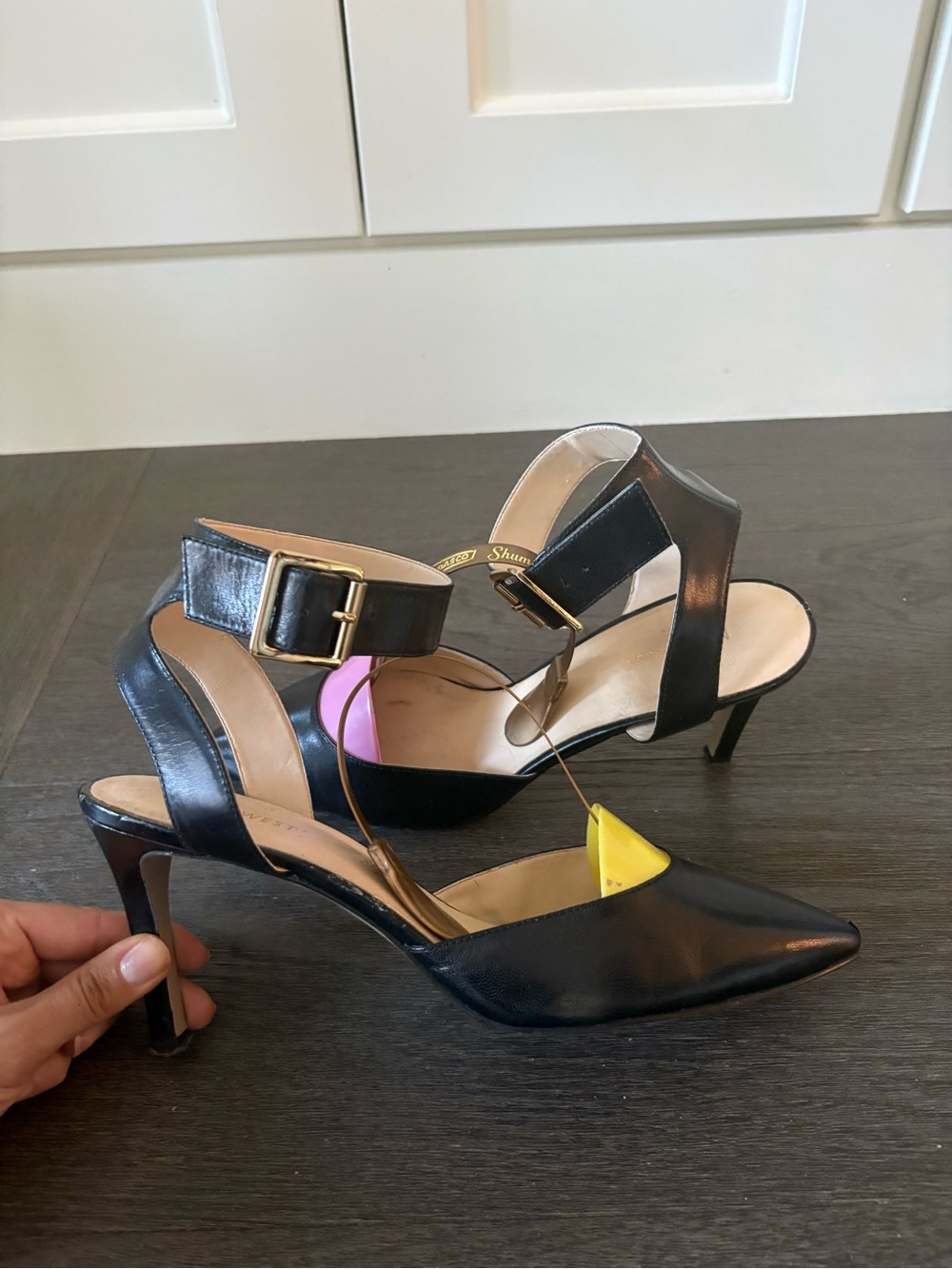 Nine West Black Pointed-Toe Ankle-Strap Heels with Gold Buckle